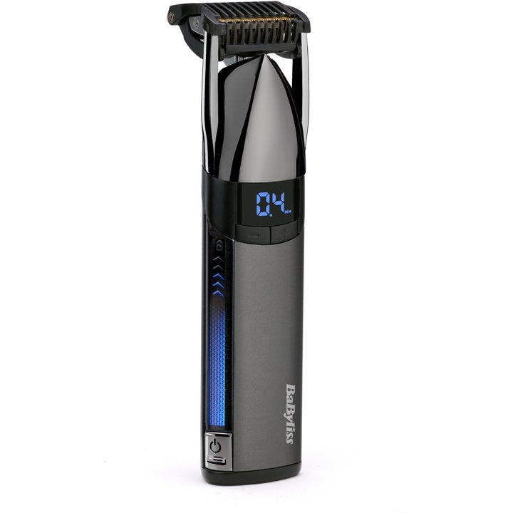 BaByliss Super Beard Trimmer 1 stk skjeggtrimmer for jevn trimming i grå metallic med digitalt display og blått lys