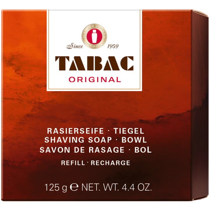 Tabac Original Barbersåpe Refill 125 g gir behagelig barbering i en brun eske med hvit logoetikett.