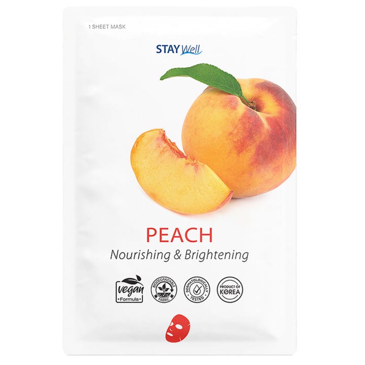 STAY Well Peach Nourishing & Brightening Sheet Mask 1 stk gir glød i hvit forpakning med bilde av fersken