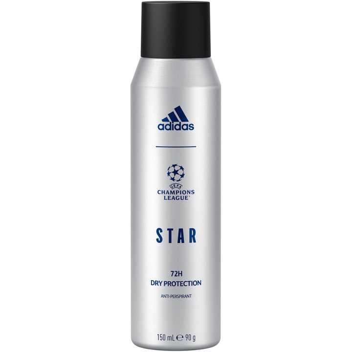 Adidas UEFA Champions League STAR 150 ml anti-perspirant spray gir 72 timers beskyttelse i sølvfarget boks med svart kork