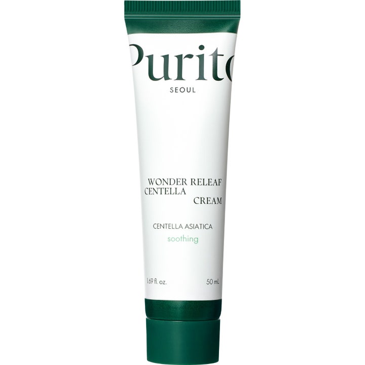 Purito Seoul Wonder Releaf Centella Cream 50 ml beroligende ansiktskrem i hvit tube med mørkegrønn kork
