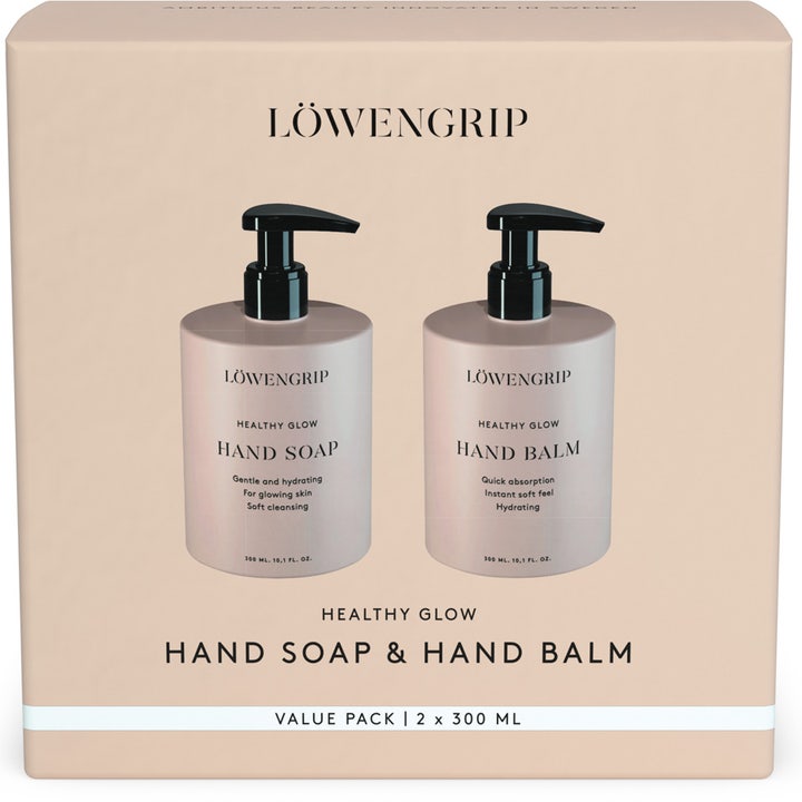 Löwengrip Healthy Glow Hand Soap & Hand Balm 2 x 300 ml fuktighetsgivende sett i beige eske med lyse pumpeflasker.