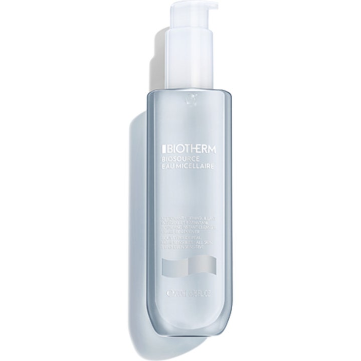 Biotherm Biosource Eau Micellaire 200 ml rensende micellærvann i en klar plastflaske med hvit pumpe