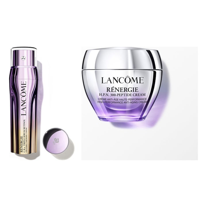 Lancôme Rénergie H.P.N. Cream og Triple Serum gir oppstrammende anti-age i lilla metallisk krukke på en blå blokk