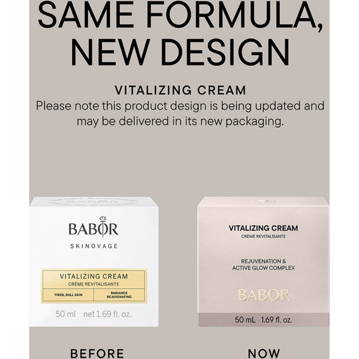 Babor Vitalizing Cream 50 ml vitaliserende ansiktskrem i frostet glasskrukke ved moderne gule glassvaser.