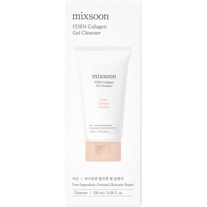 Mixsoon PDRN Collagen Gel Cleanser 100 ml ansiktsrens i hvit tube med ferskenfarget kork og hvit ytteremballasje