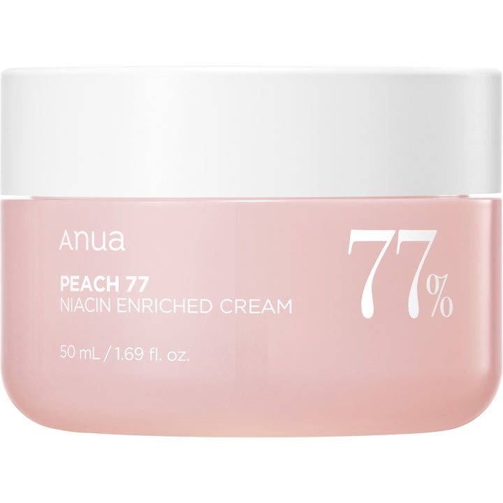 Anua Peach 77 Niacin Enriched Cream 50 ml fuktighetsgivende ansiktskrem i en lyserosa krukke med hvitt lokk.