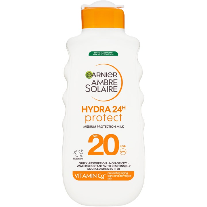 Garnier Ambre Solaire Hydra 24H Protect SPF 20 solkrem i hvit plastflaske med oransje lokk
