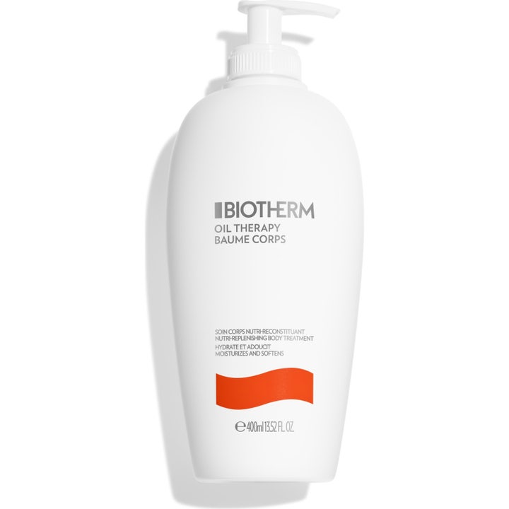 Biotherm Oil Therapy Baume Corps 400ml fuktighetsgivende kroppskrem i hvit pumpeflaske med oransje detalj