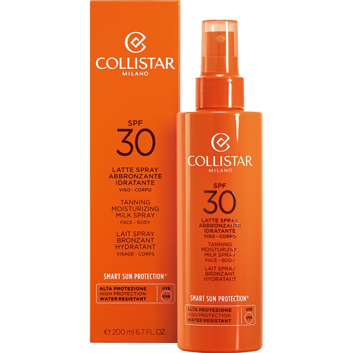 Collistar Tanning Moisturizing Milk Spray 200 ml fuktighetsgivende solkrem SPF 30 i oransje sprayflaske og eske.