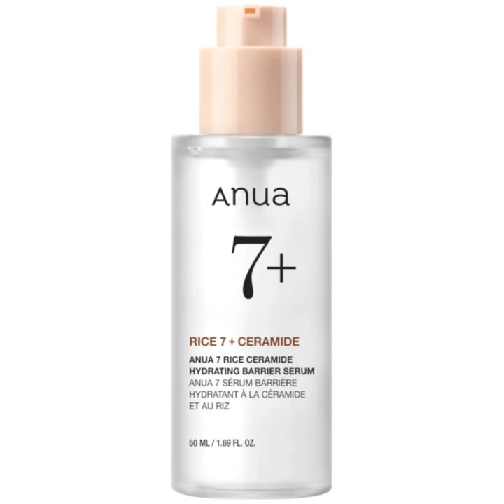 Anua Rice 7+ Ceramide Hydrating Barrier Serum 50 ml fuktighetsgivende serum i frostet glassflaske med beige pumpe