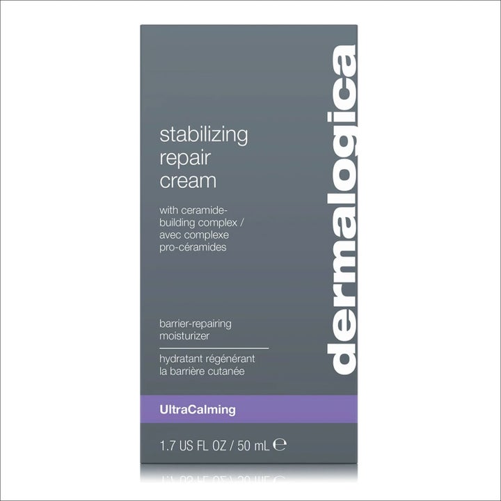 Dermalogica Stabilizing Repair Cream 50 ml barriere-reparerende fuktighetskrem i grå eske med lilla UltraCalming stripe.