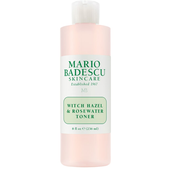 Mario Badescu Witch Hazel & Rosewater Toner 236 ml beroligende ansiktsvann i klar flaske med lys rosa væske