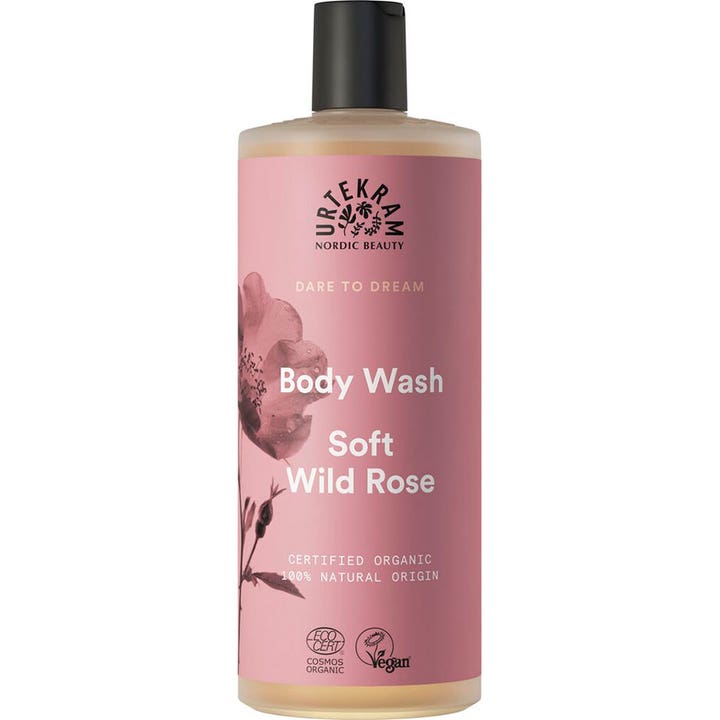 Urtekram Soft Wild Rose Body Wash økologisk dusjsåpe som gir fuktighet i rosa flaske med roseillustrasjon