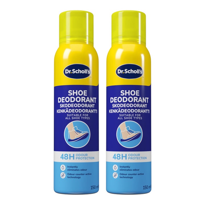 Dr. Scholl's Shoe Deodorant 2 x 150 ml skodeodorant som fjerner lukt i gule og blå sprayflasker