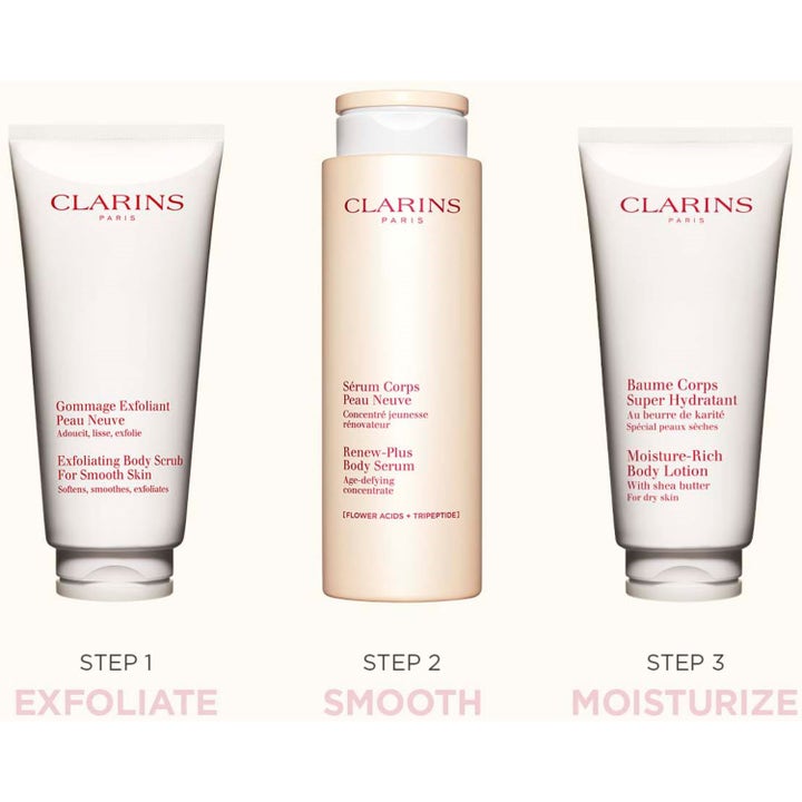 Clarins Exfoliating Body Scrub 200 ml hudpleiesett med kroppsserum og fuktighetskrem i tre trinn.
