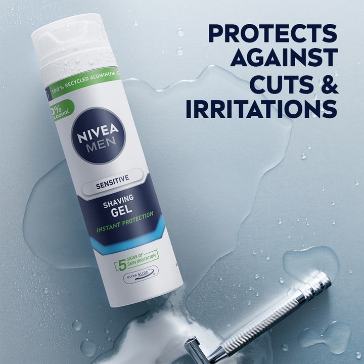 NIVEA Sensitive Shaving Gel 200 ml barbergel mot irritasjon vist i hvit boks med en klassisk barberhøvel i sølv.