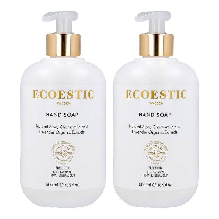 Ecoestic Hand Soap 2-pakning 500 ml pleiende håndsåpe i hvite flasker med pumpe og gulldetaljer