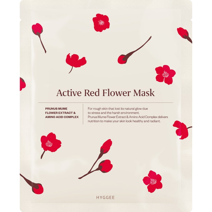 HYGGEE Active Red Flower Mask 1 stk nærende ansiktsmaske som gir glød i hvit sachet med røde blomstermotiver