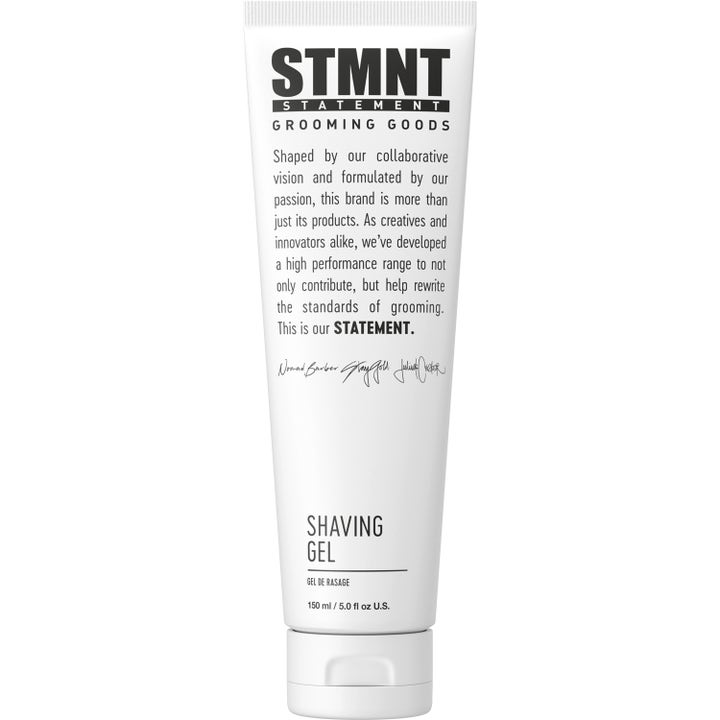 STMNT Shaving Gel 150 ml barbergel gir glatt barbering i en minimalistisk hvit tube med svart tekst og hvit kork.