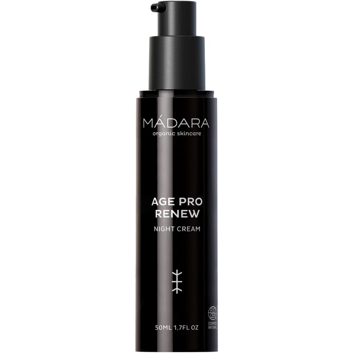 MÁDARA Age Pro Renew 50 ml fornyende nattkrem i en stilren svart pumpeflaske med hvit minimalistisk tekst.