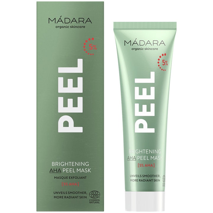 MÁDARA Peel Brightening AHA Peel Mask 60 ml eksfolierende ansiktsmaske i salviegrønn tube og eske med 5% AHA