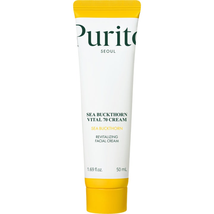 Purito Sea Buckthorn Vital 70 Cream 50 ml glødgivende ansiktskrem i hvit tube med klare oransje detaljer og hvit kork.