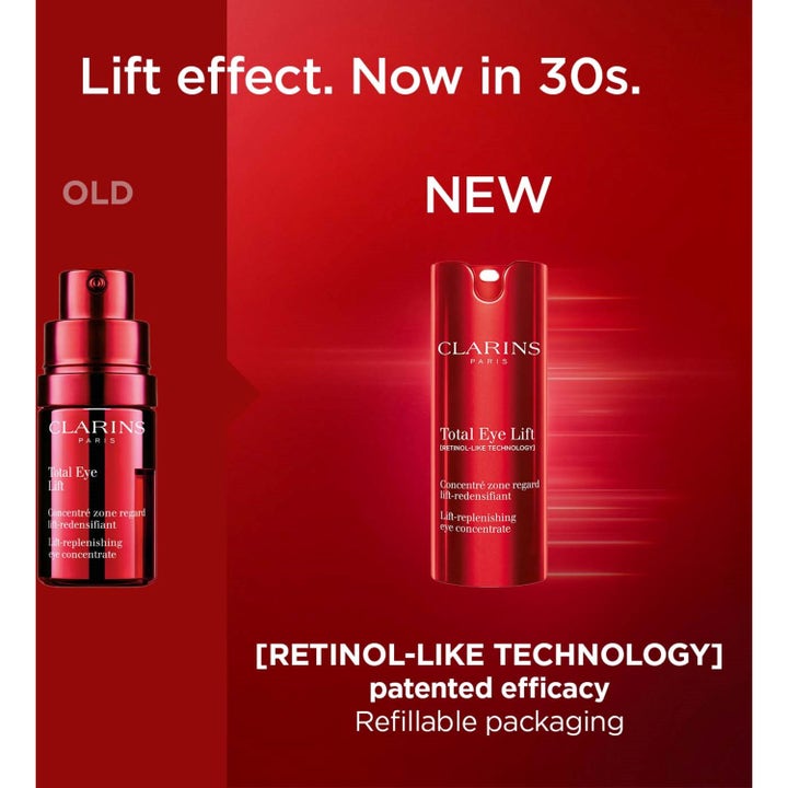 Clarins Total Eye Lift 15 ml øyekrem gir løft i ny rød refillbar pumpeflaske med retinol-like technology.