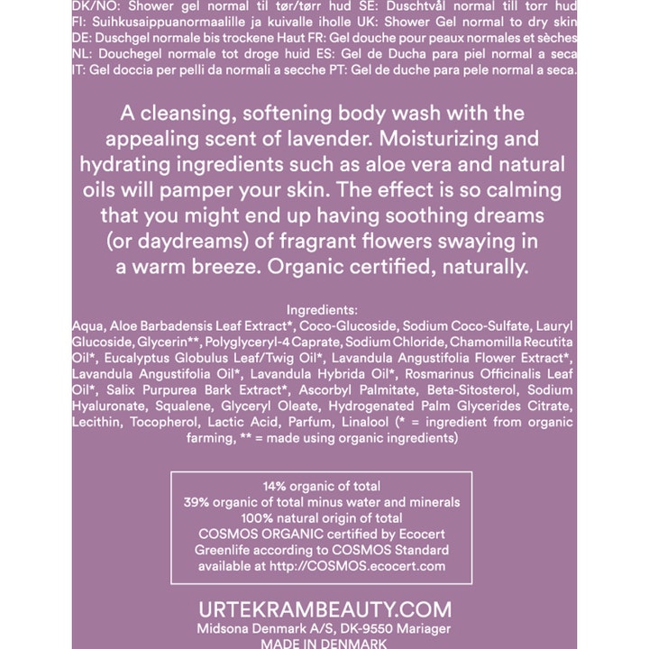 Urtekram Soothing Lavender Body Wash 500 ml lilla emballasje med ingrediensliste og økologisk sertifisering