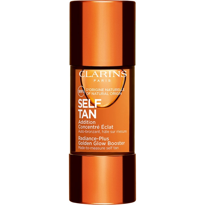 Clarins Self Tan Radiance-Plus Golden Glow Booster selvbruningsdråper som gir glød i en bronsefarget flaske