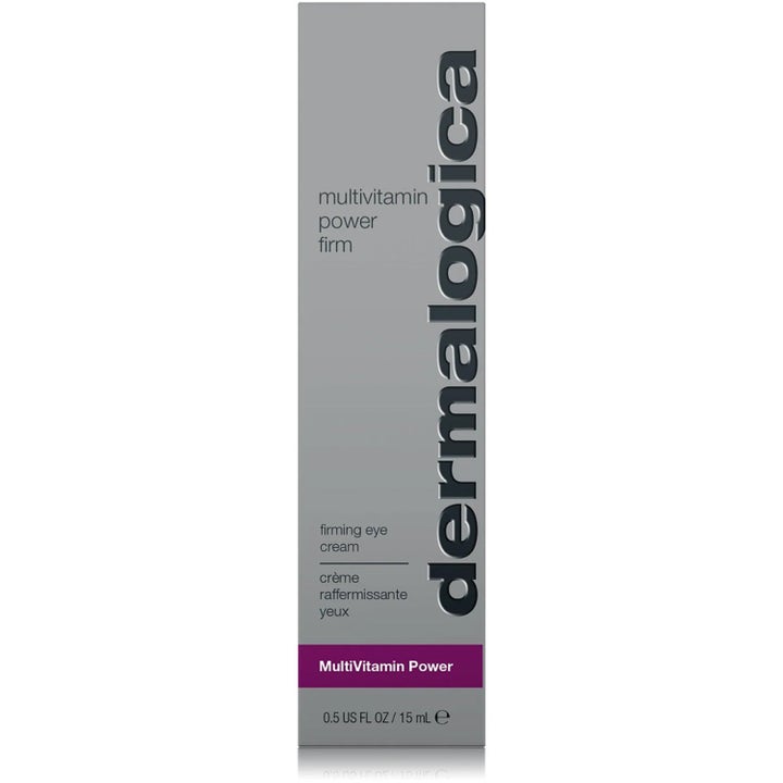 Dermalogica Multivitamin Power Firm 15 ml oppstrammende øyekrem i en sølvfarget eske med lilla detaljer