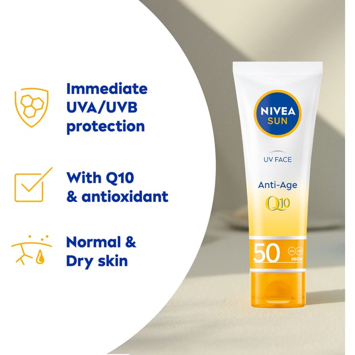 NIVEA Sun UV Face Anti Age Q10 Cream 50 ml solkrem ansikt i hvit og gul tube med SPF 50 og Q10 for normal til tørr hud