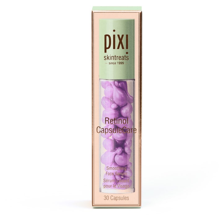 Pixi Retinol CapsuleCare 30 stk glattende ansiktsserum i lilla kapsler vist på den lyserosa esken