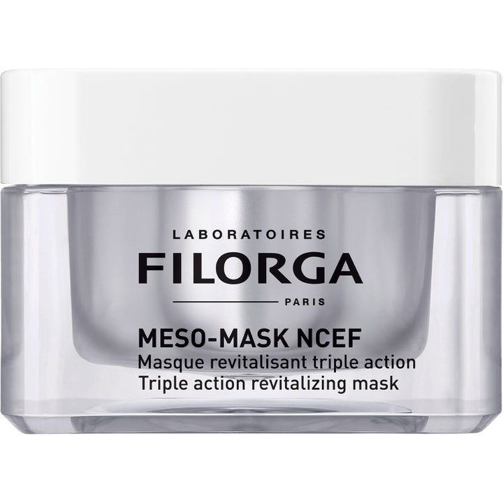 Filorga Meso Mask NCEF revitaliserende ansiktsmaske i klar krukke med sølvfarget kjerne og hvitt lokk