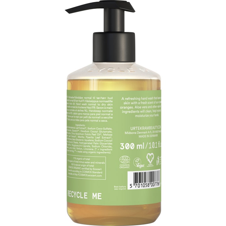 Urtekram Aloe Vera Hand Soap 300 ml fuktighetsgivende håndsåpe baksiden av flasken med vegansk og økologisk merking