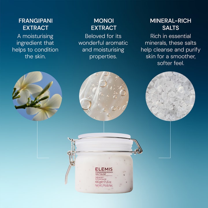 Elemis Frangipani Monoi Salt Glow 490 g kroppsskrubb med pleiende frangipani, monoiolje og rensende mineralsalt