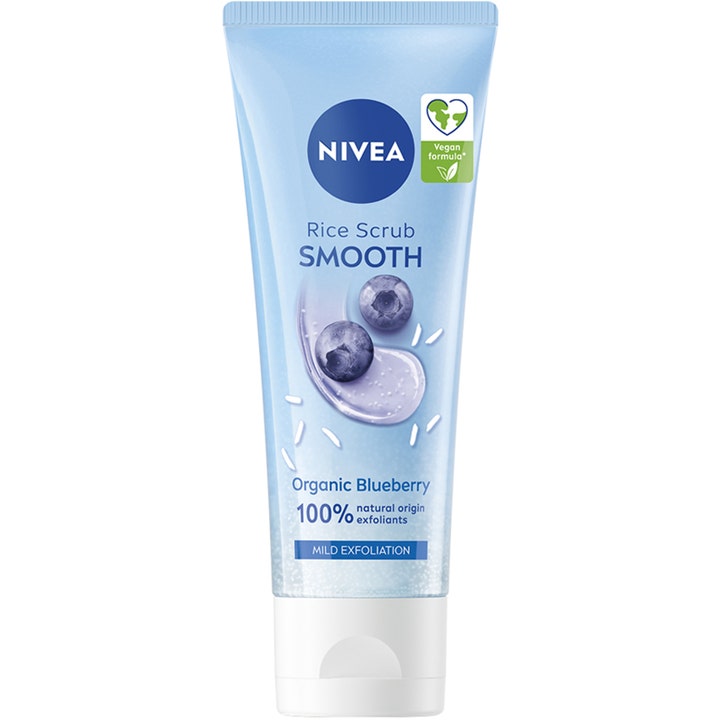NIVEA Smooth Rice Scrub 75 ml mild ansiktsskrubb i lyseblå tube med illustrasjon av økologiske blåbær