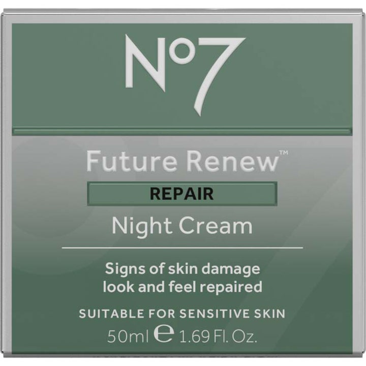 No7 Future Renew Repair Night Cream 50 ml nattkrem i grønn og sølvfarget eske som reparerer synlige tegn på hudskade.
