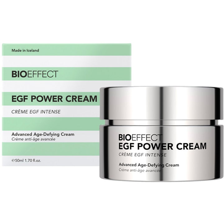 BIOEFFECT EGF Power Cream 50ml anti-age ansiktskrem i blank sølvkrukke foran hvit og grønnstripete eske