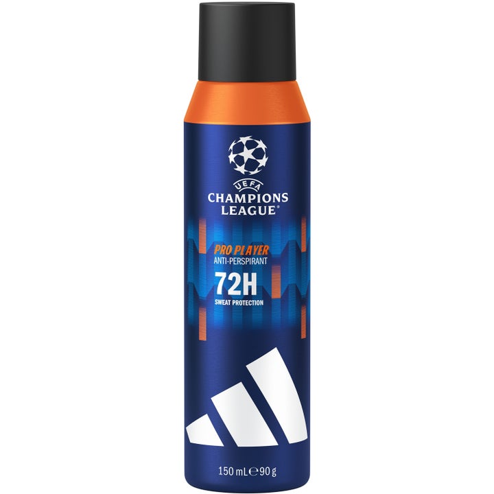 Adidas UEFA Champions League Pro Player 150 ml anti-perspirant gir 72H beskyttelse i blå sprayflaske med oransje detaljer