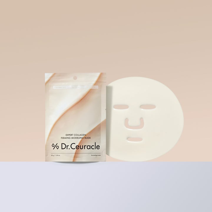Dr. Ceuracle Expert Collagen Firming Modeling Mask 30 g fuktighetsgivende ansiktsmaske i beige pose og hvit gummimaske