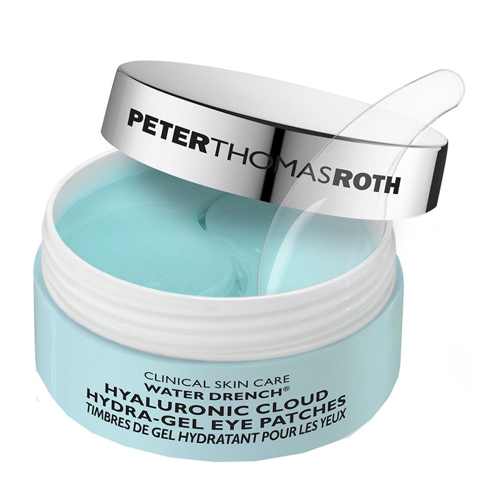 Peter Thomas Roth Water Drench 30 par hydrerende eye patches i lyseblå krukke med sølvlokk og spatel
