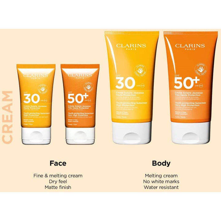Clarins Youth-protecting Sunscreen 150 ml solkrem til kropp i oransje tuber som viser SPF 30 og 50 pluss.