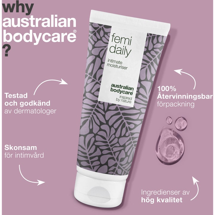 Australian Bodycare Femi Daily 200 ml intimvård mot lukt og kløe i hvit tube med bladmønster og klar gelétekstur.