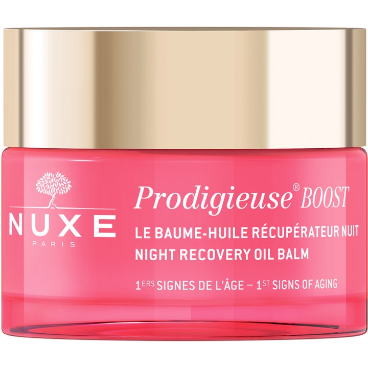 Nuxe Prodigieuse Boost Night Recovery Oil Balm nattkrem mot de første aldringstegn i rosa glasskrukke med gulllokk
