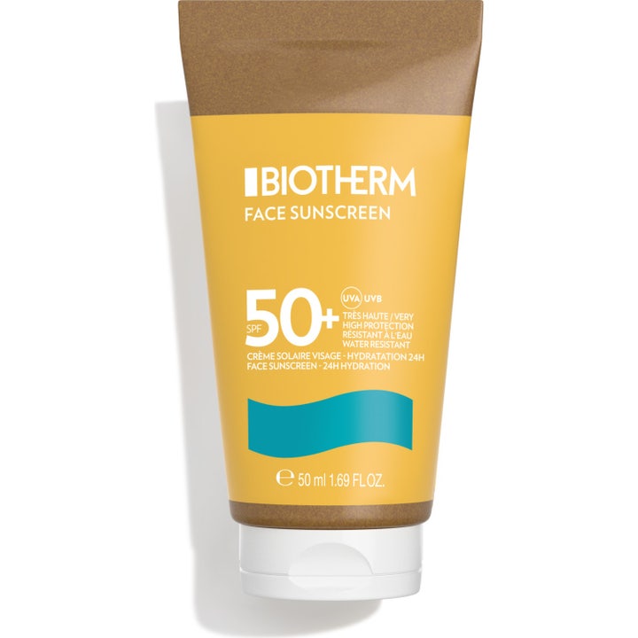 Biotherm Waterlover Face Sunscreen 50 ml anti-age solkrem i gul tube og eske med SPF 50+ og blå bølge