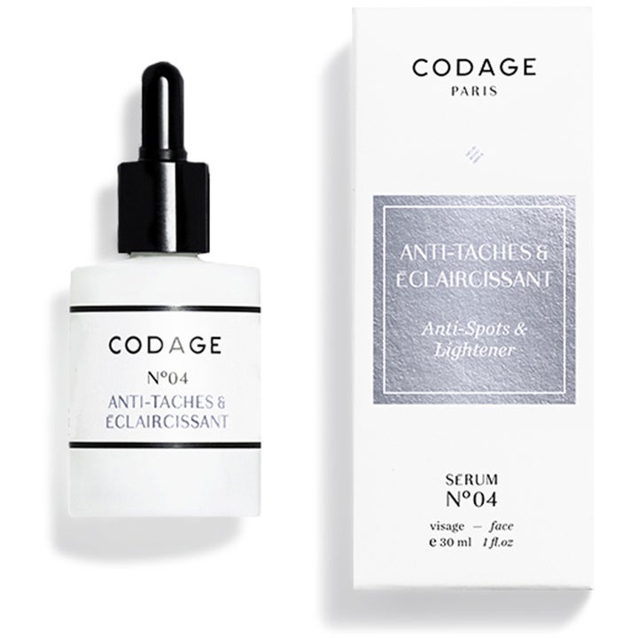 Codage N°04 Anti-Spots & Lightener 30 ml serum mot pigmentflekker i hvit frostet glassflaske med sort pipette