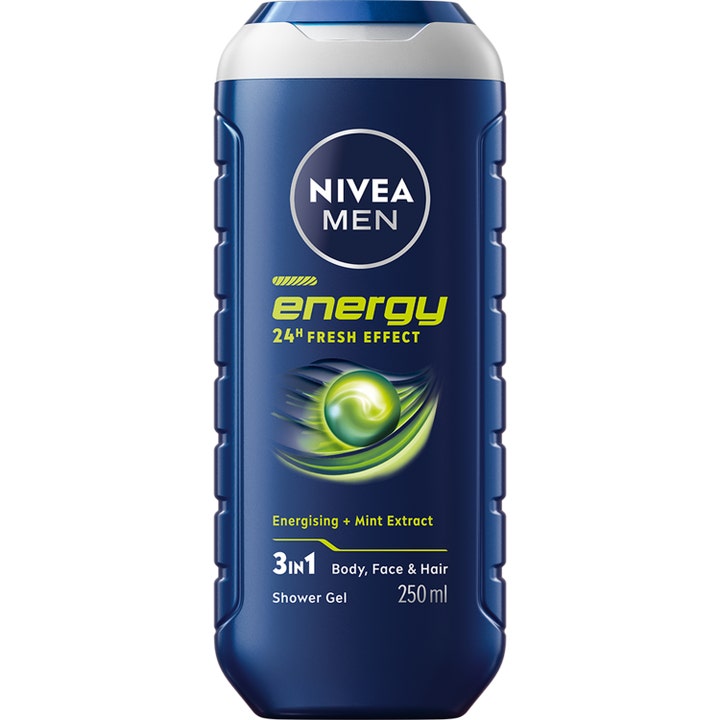 Nivea Men Energy 250 ml dusjsåpe gir en frisk følelse i blå plastflaske med neongrønne detaljer.