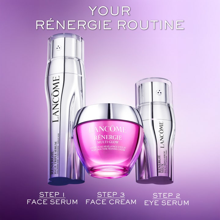 Lancôme Rénergie Multi-Glow 50 ml glødgivende ansiktskrem i rosa glasskrukke i en tre-stegs hudpleierutine.