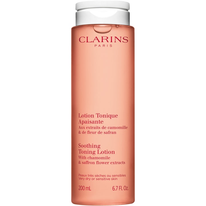 Clarins Soothing Toning Lotion 200 ml beroligende ansiktsvann for sensitiv hud i ferskenfarget flaske med hvitt lokk